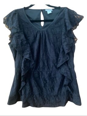 Geneology Black Floral Lace Peplum Ruffle Flutter Sleeve Blouse XL